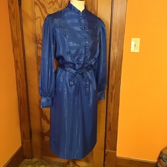 Vintage 80s Blue Midi Dress | Long Sleeve Button Up Tie Waist Dress - Picture 6 of 10